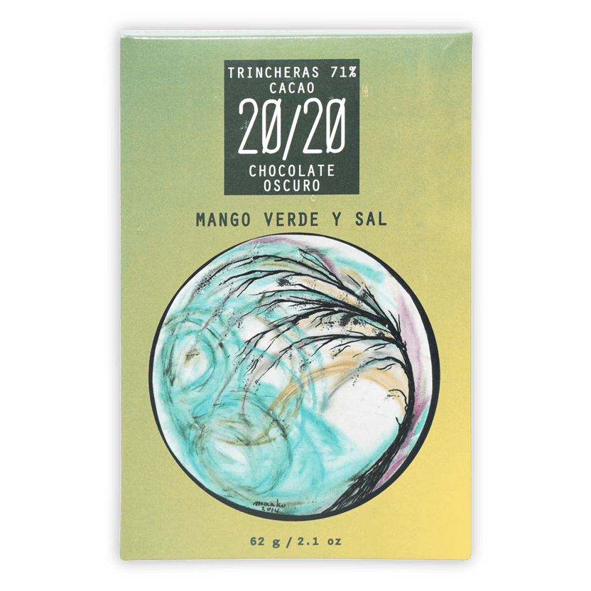 Trincheras 71% dark chocolate bar with green mango and salt in vibrant wrapper