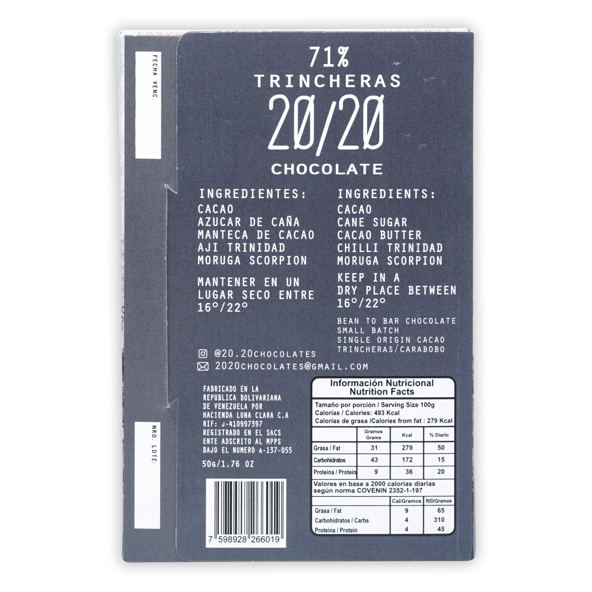 20/20 Dark Chocolate w/ Scorpion Chili bar wrapper, dark gray 71% trincheras