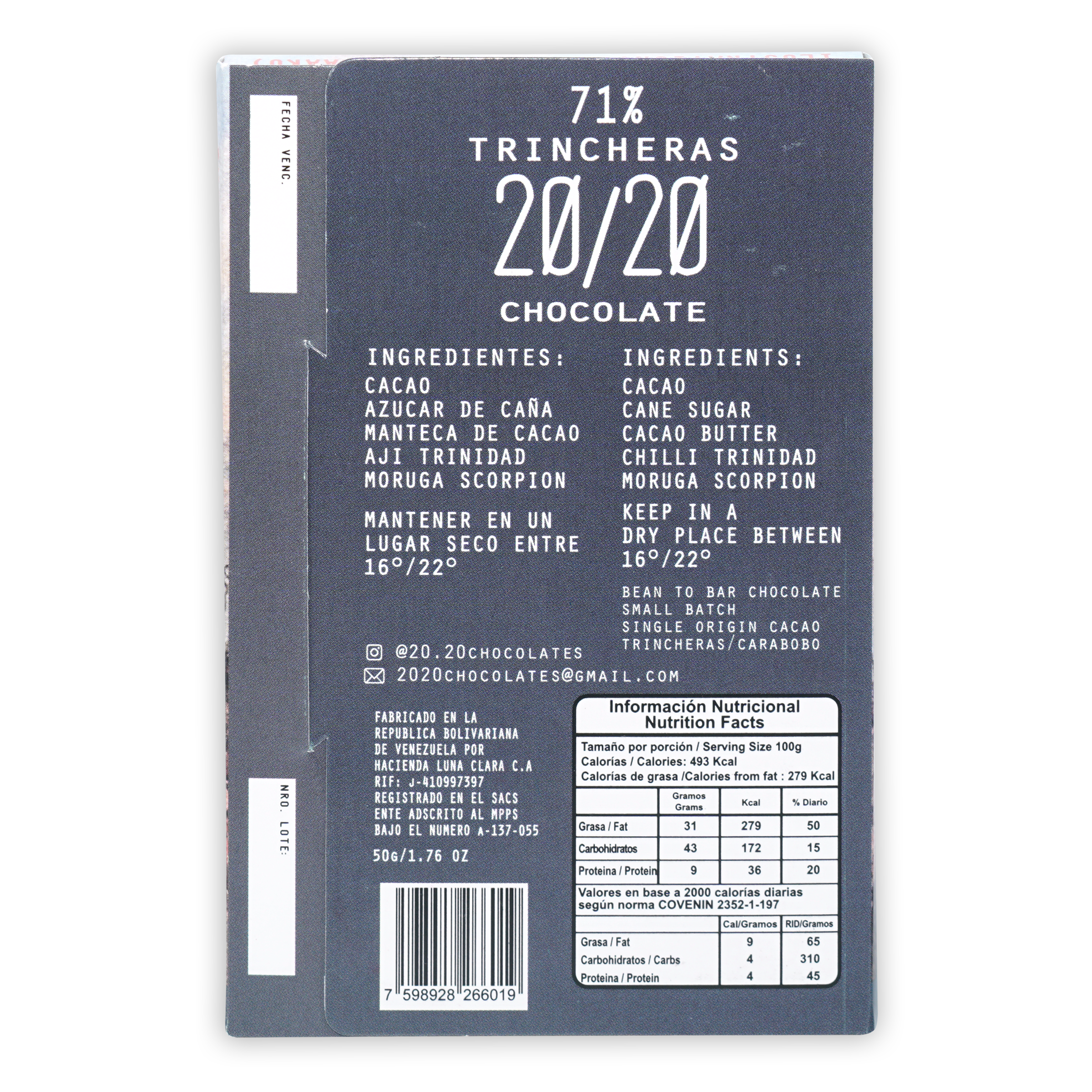 20/20 Dark Chocolate w/ Scorpion Chili bar wrapper, dark gray 71% trincheras