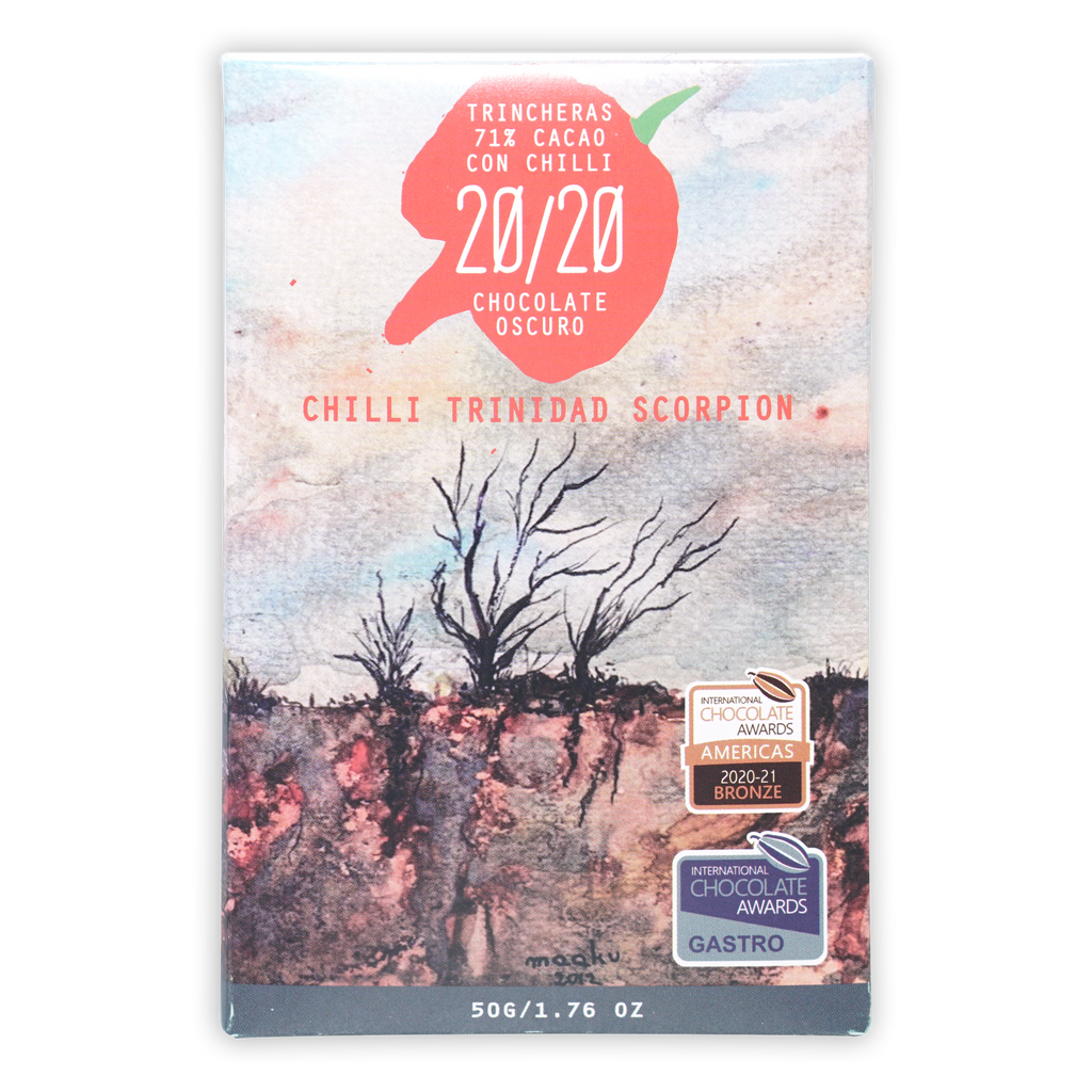 20/20 Dark Chocolate w/ Scorpion Chili bar wrapper with rustic tree silhouettes and bold red Chilli Trinidad Scorpion text by Trincheras