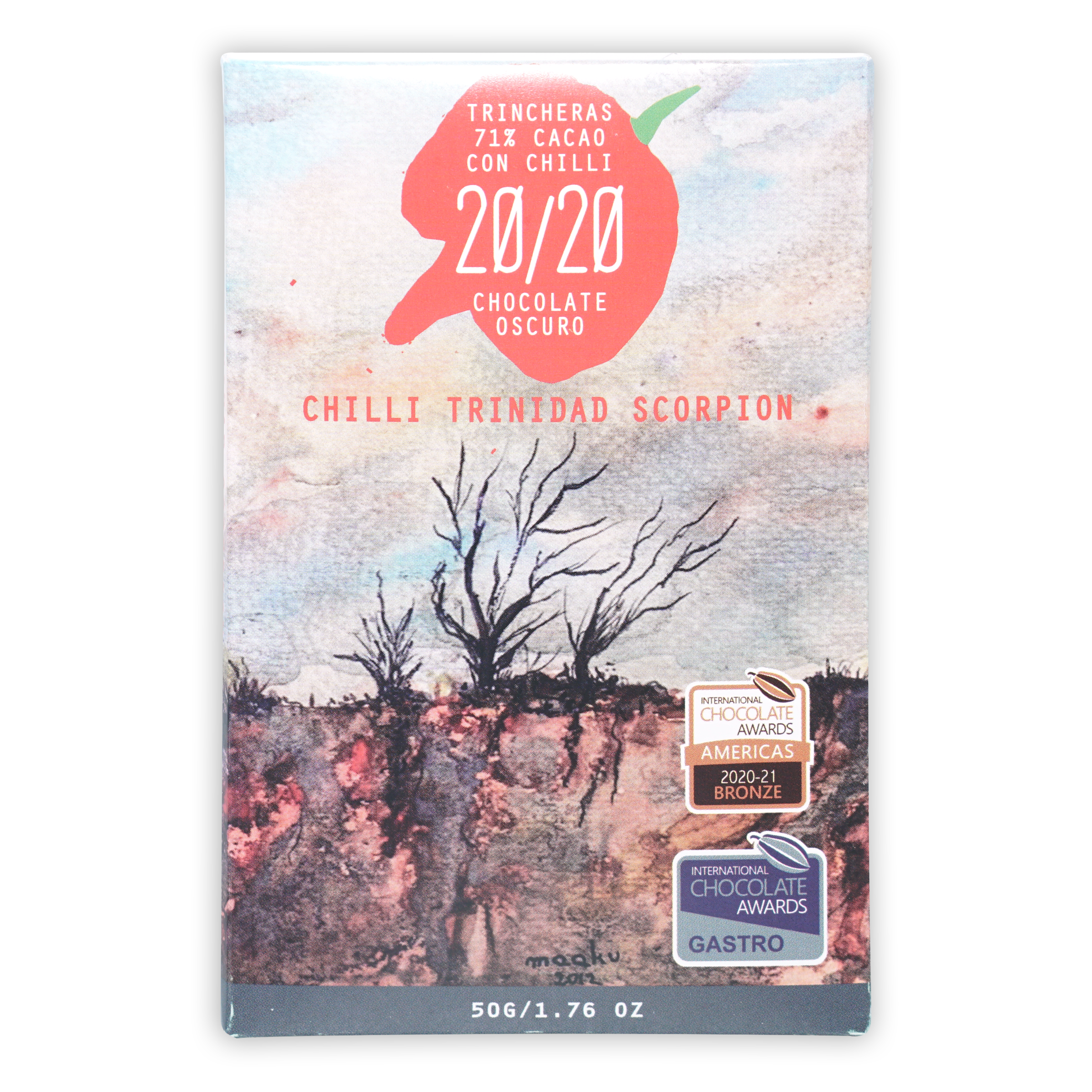 20/20 Dark Chocolate w/ Scorpion Chili bar wrapper with rustic tree silhouettes and bold red Chilli Trinidad Scorpion text by Trincheras
