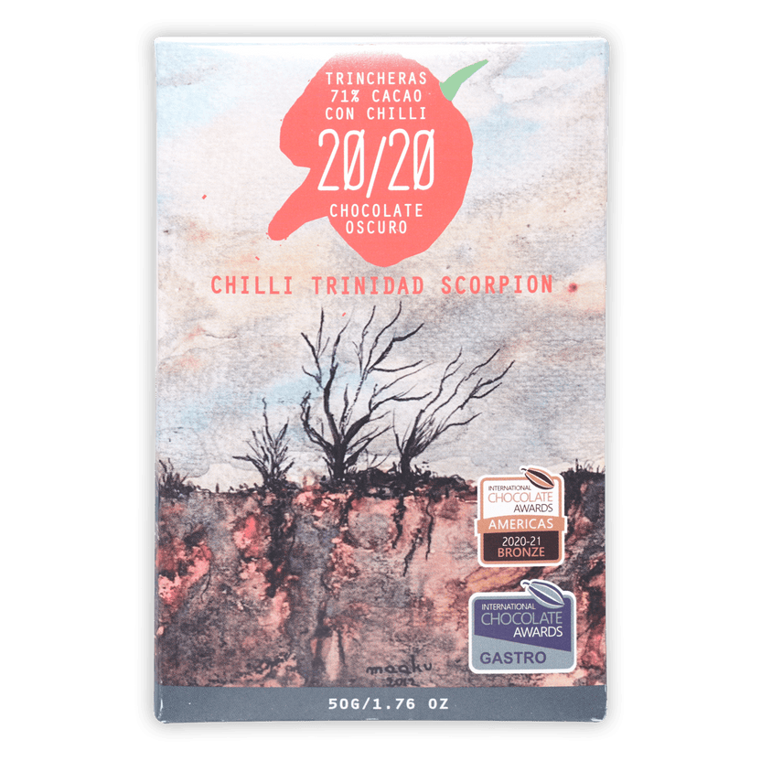 20/20 Dark Chocolate w/ Scorpion Chili bar wrapper with rustic tree silhouettes and bold red Chilli Trinidad Scorpion text by Trincheras