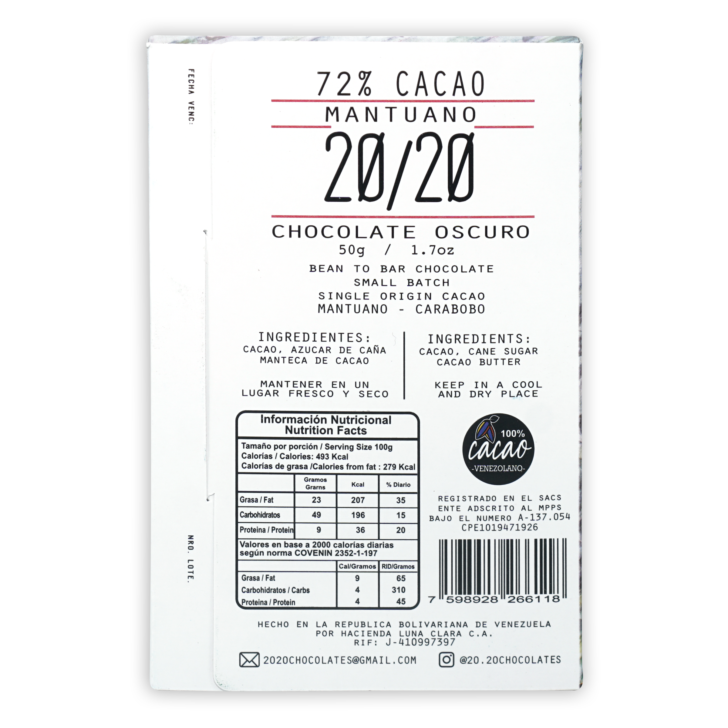 20/20 Mantuano 72% dark chocolate bar in white rectangular package