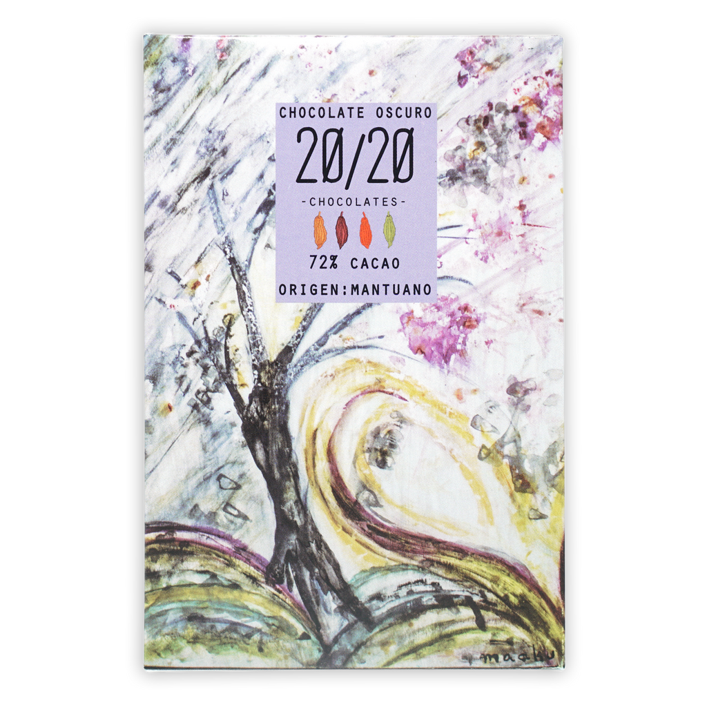 20/20 Mantuano 72% chocolate bar wrapper with abstract watercolor tree design