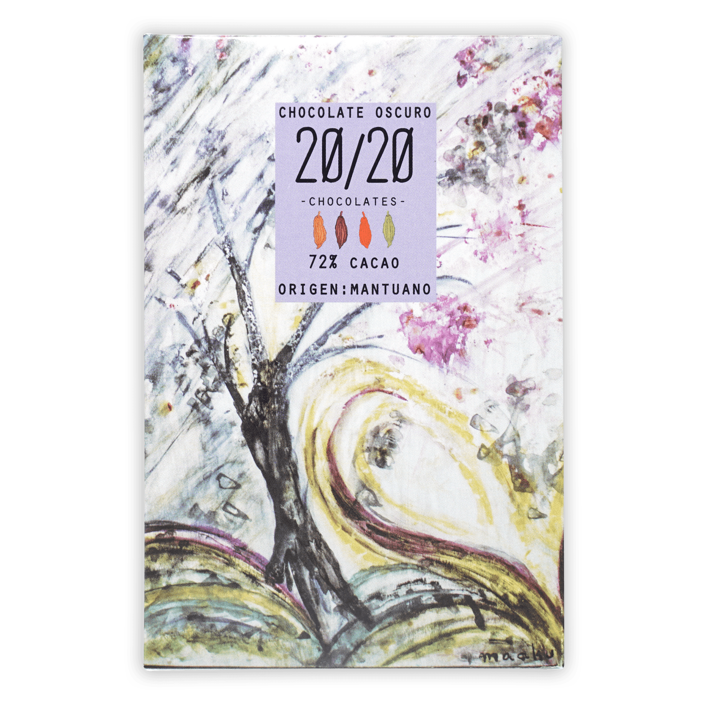 20/20 Mantuano 72% chocolate bar wrapper with abstract watercolor tree design