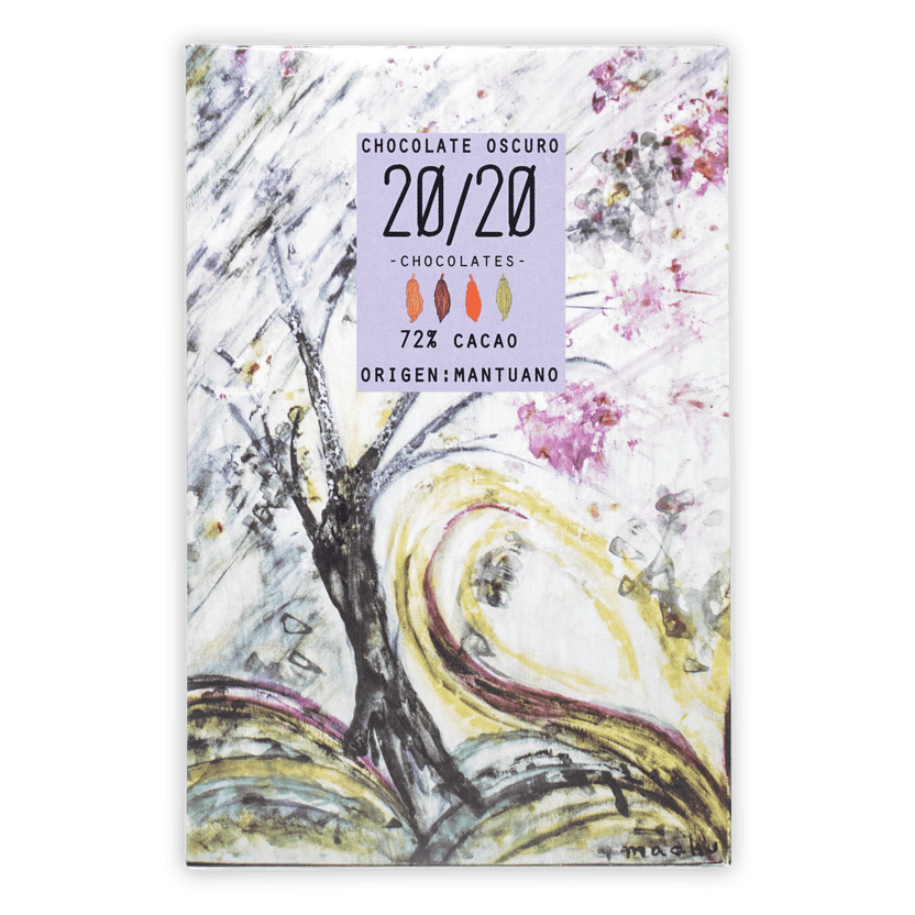 20/20 Mantuano 72% chocolate bar wrapper with abstract watercolor tree design