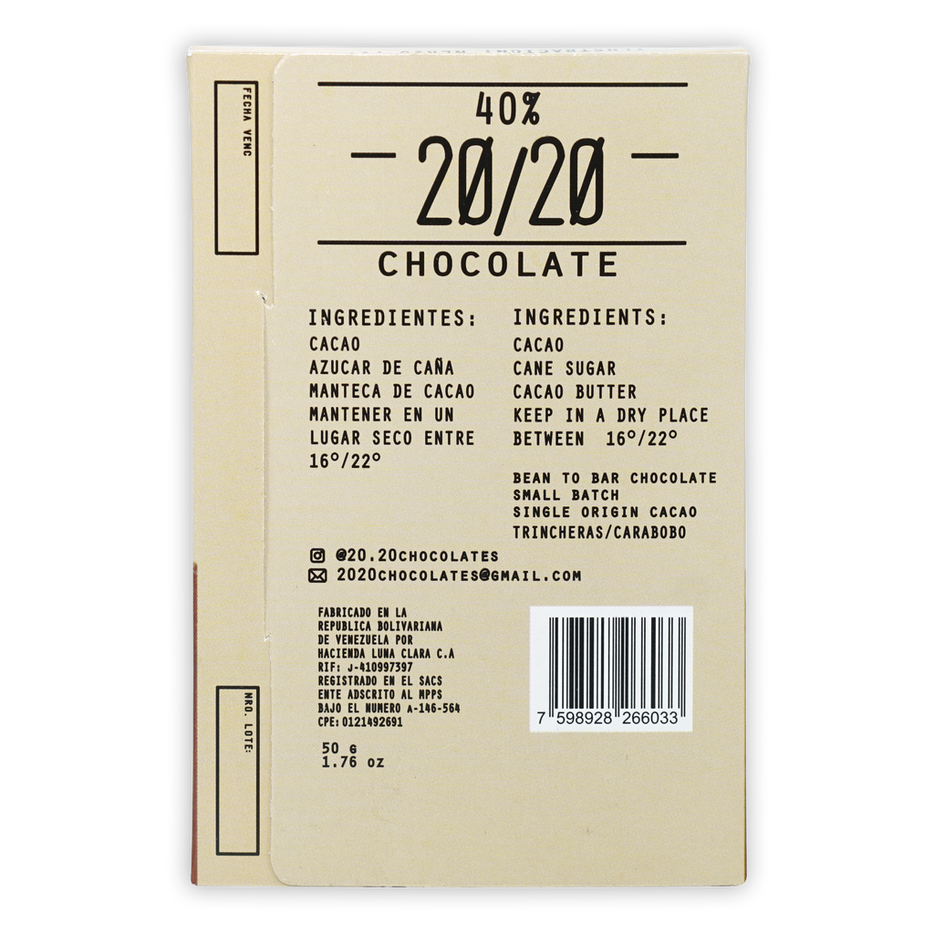 20/20 Milk Chocolate with Cookies and Coffee bar wrapper, beige with barcode, made in Bolivia