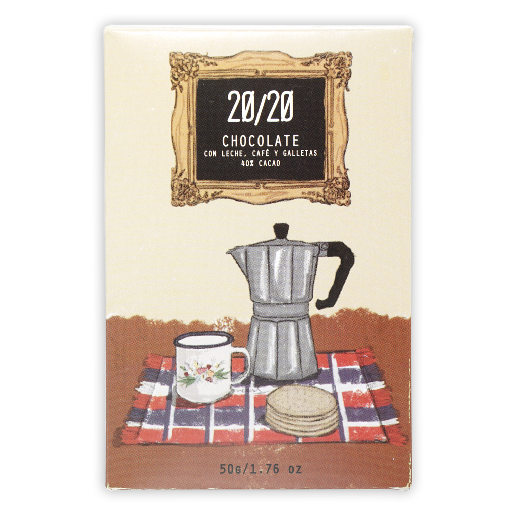 Silver moka pot on red white blue plaid cloth with 20/20 milk chocolate cookies coffee