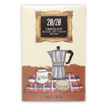 Silver moka pot on red white blue plaid cloth with 20/20 milk chocolate cookies coffee