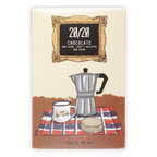 Silver moka pot on red white blue plaid cloth with 20/20 milk chocolate cookies coffee
