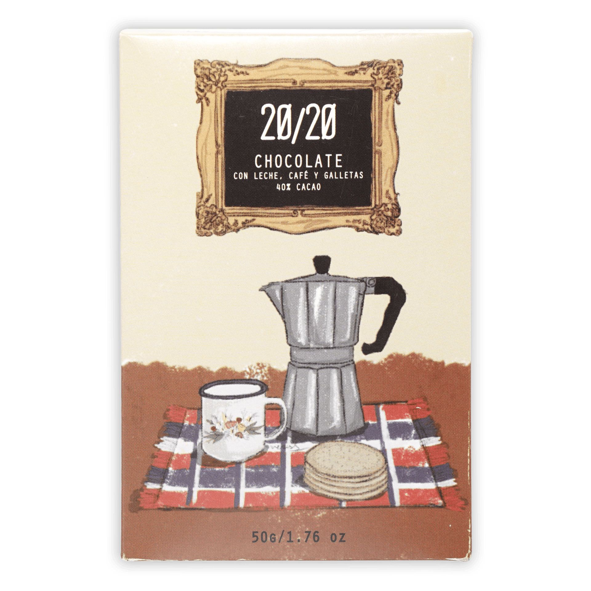 Silver moka pot on red white blue plaid cloth with 20/20 milk chocolate cookies coffee