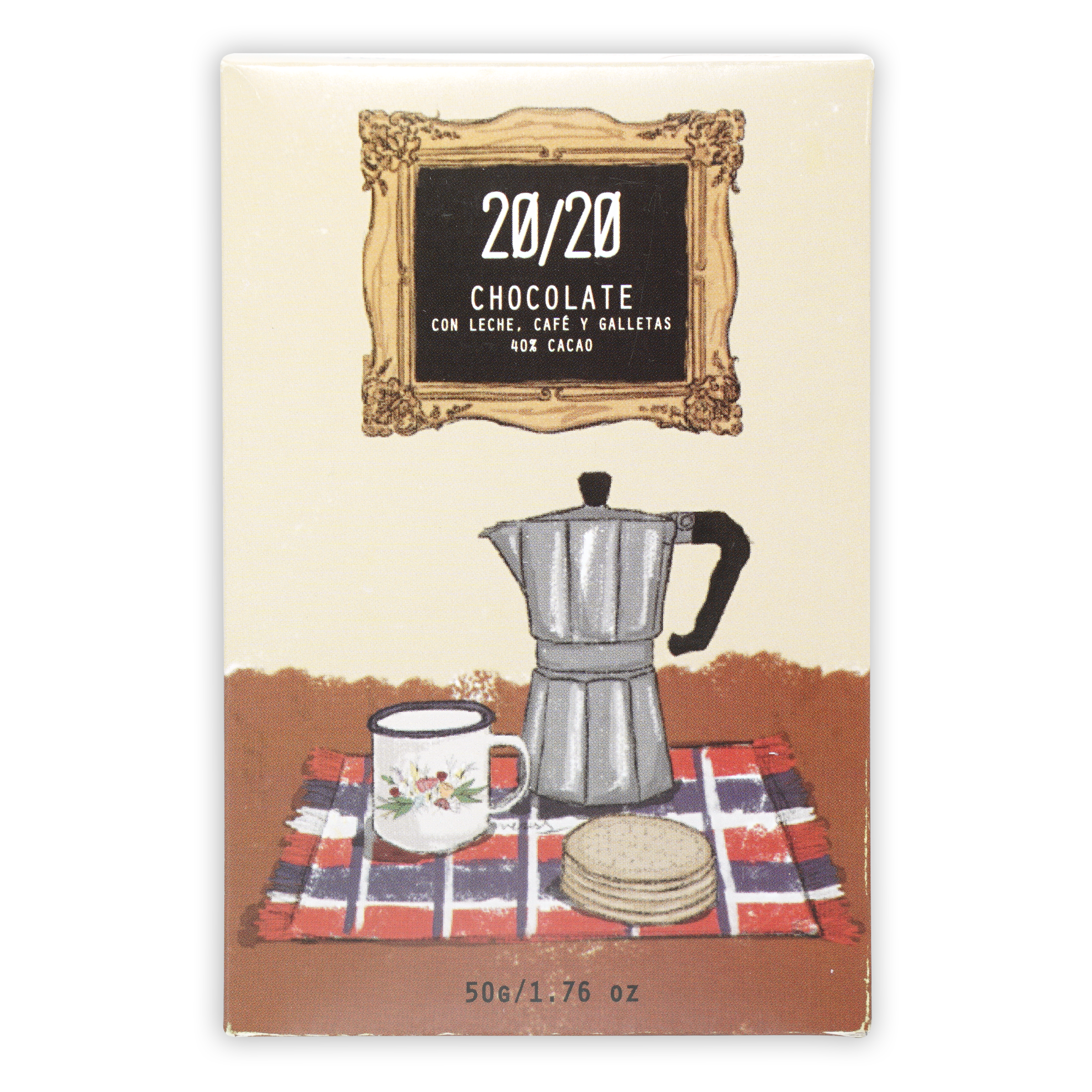 Silver moka pot on red white blue plaid cloth with 20/20 milk chocolate cookies coffee