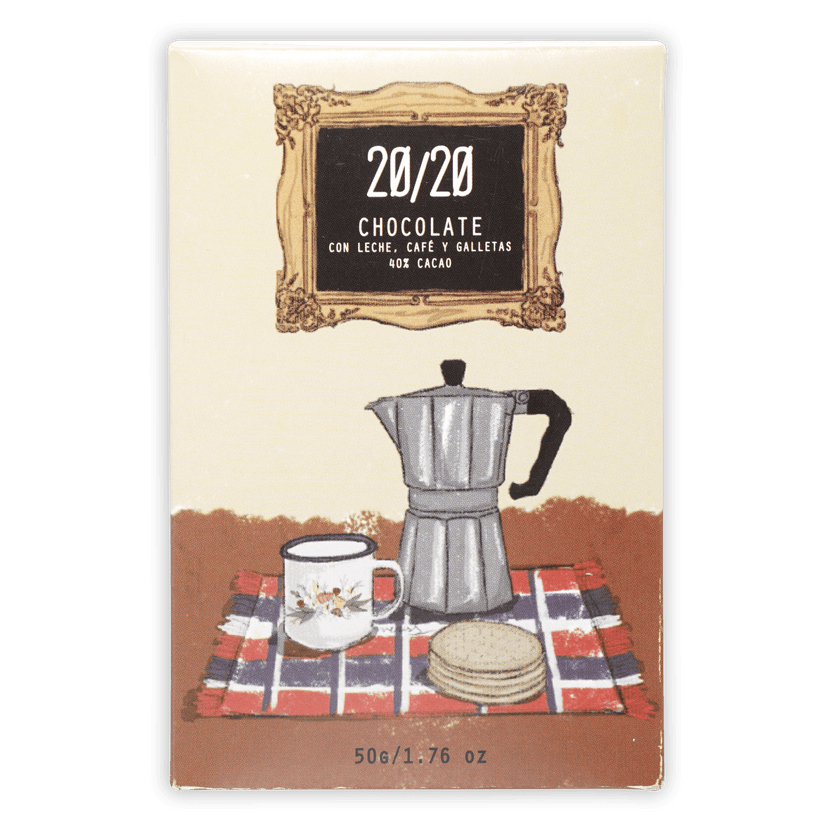 Silver moka pot on red white blue plaid cloth with 20/20 milk chocolate cookies coffee