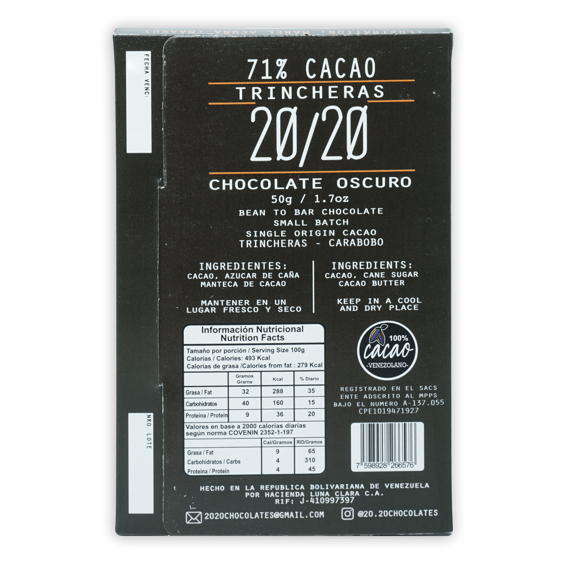 20/20 Trincheras 71% cacao dark chocolate bar wrapper