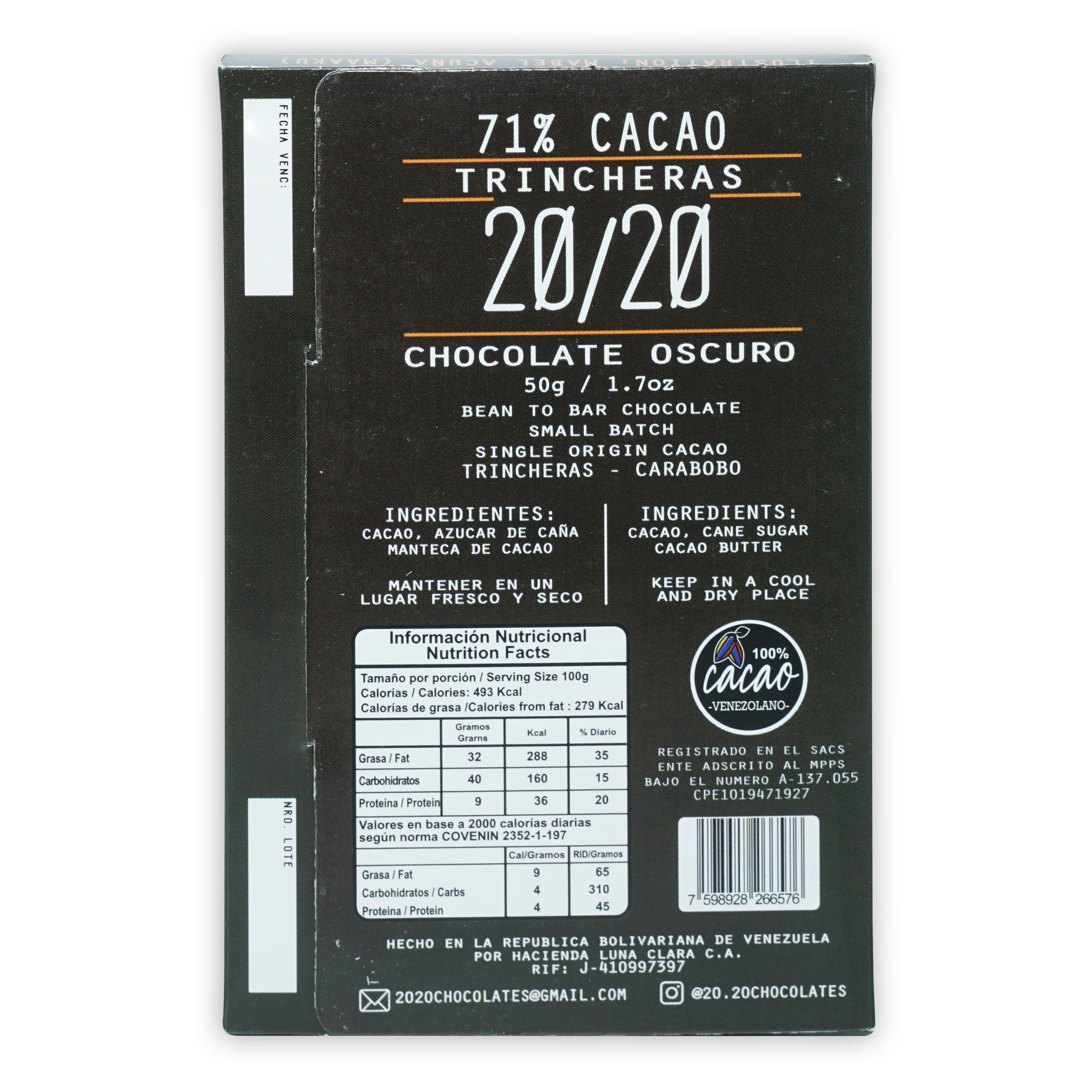 20/20 Trincheras 71% cacao dark chocolate bar wrapper