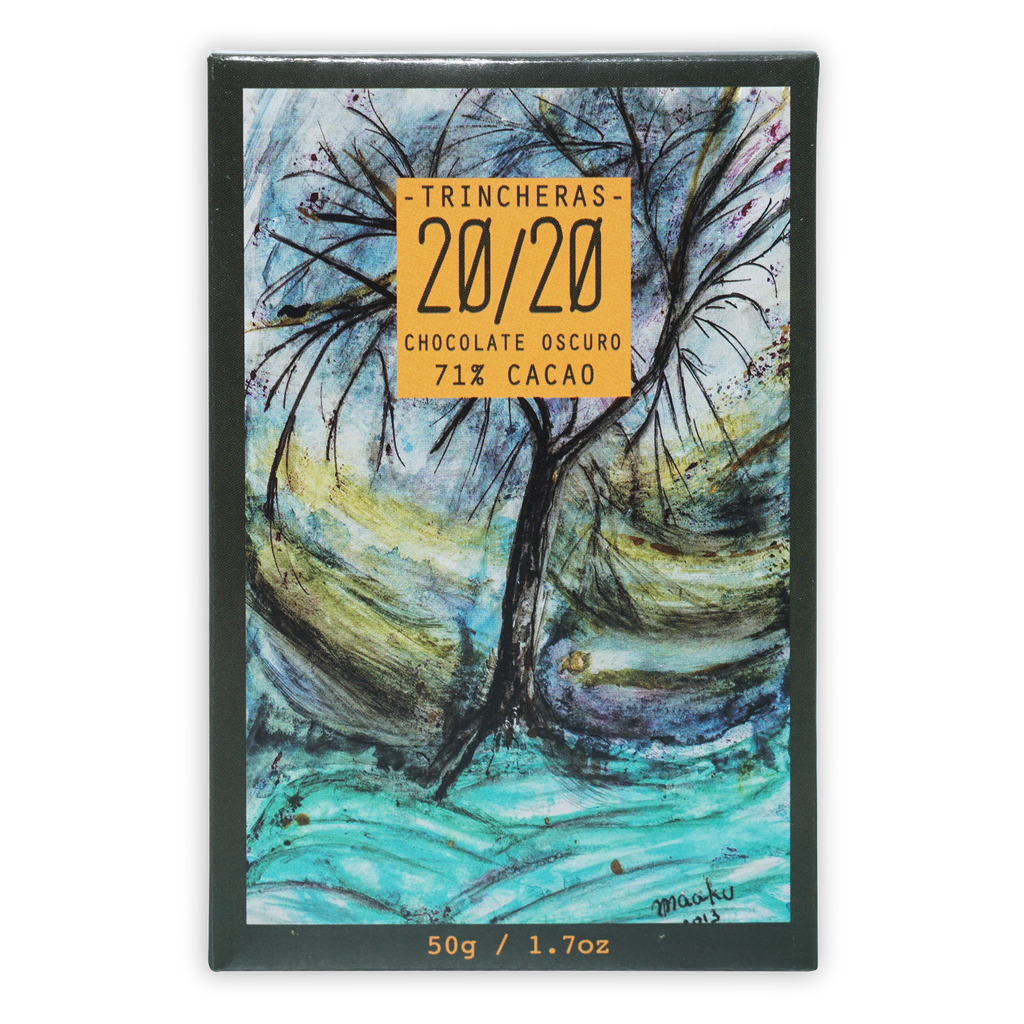 Trincheras 20/20 71% dark chocolate bar in rectangular box with abstract tree art