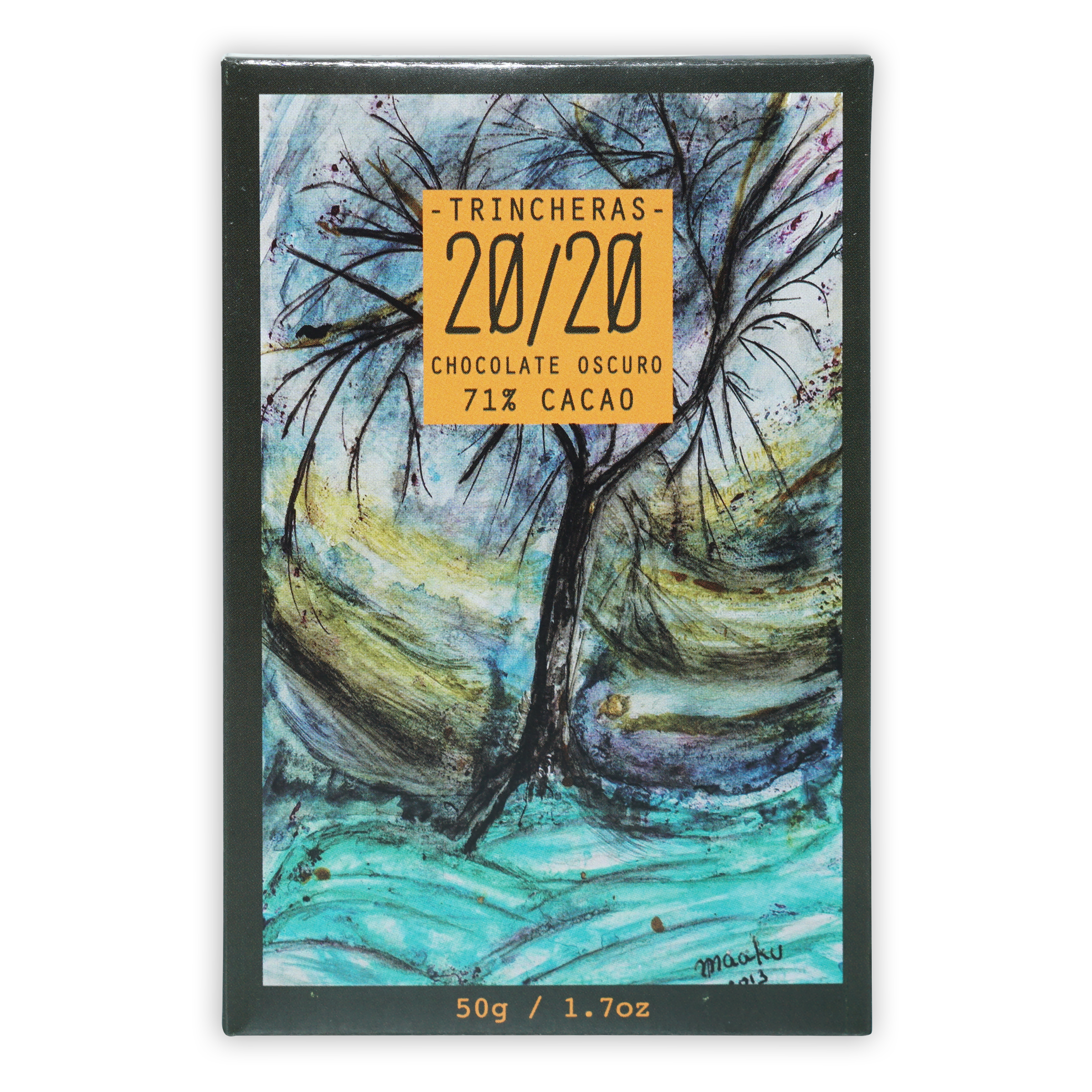 Trincheras 20/20 71% dark chocolate bar in rectangular box with abstract tree art