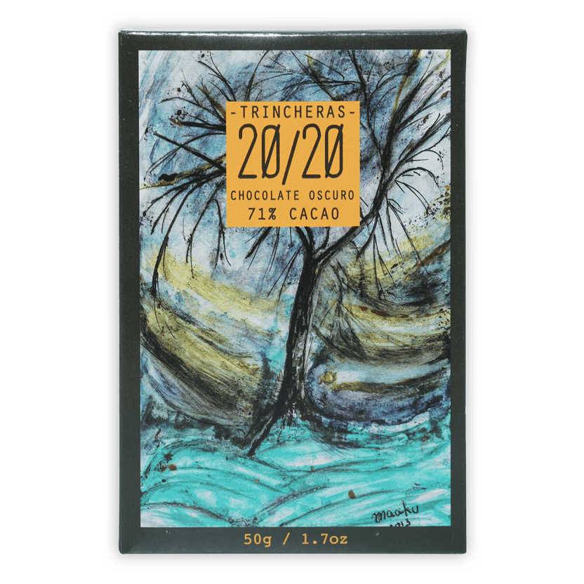 Trincheras 20/20 71% dark chocolate bar in rectangular box with abstract tree art