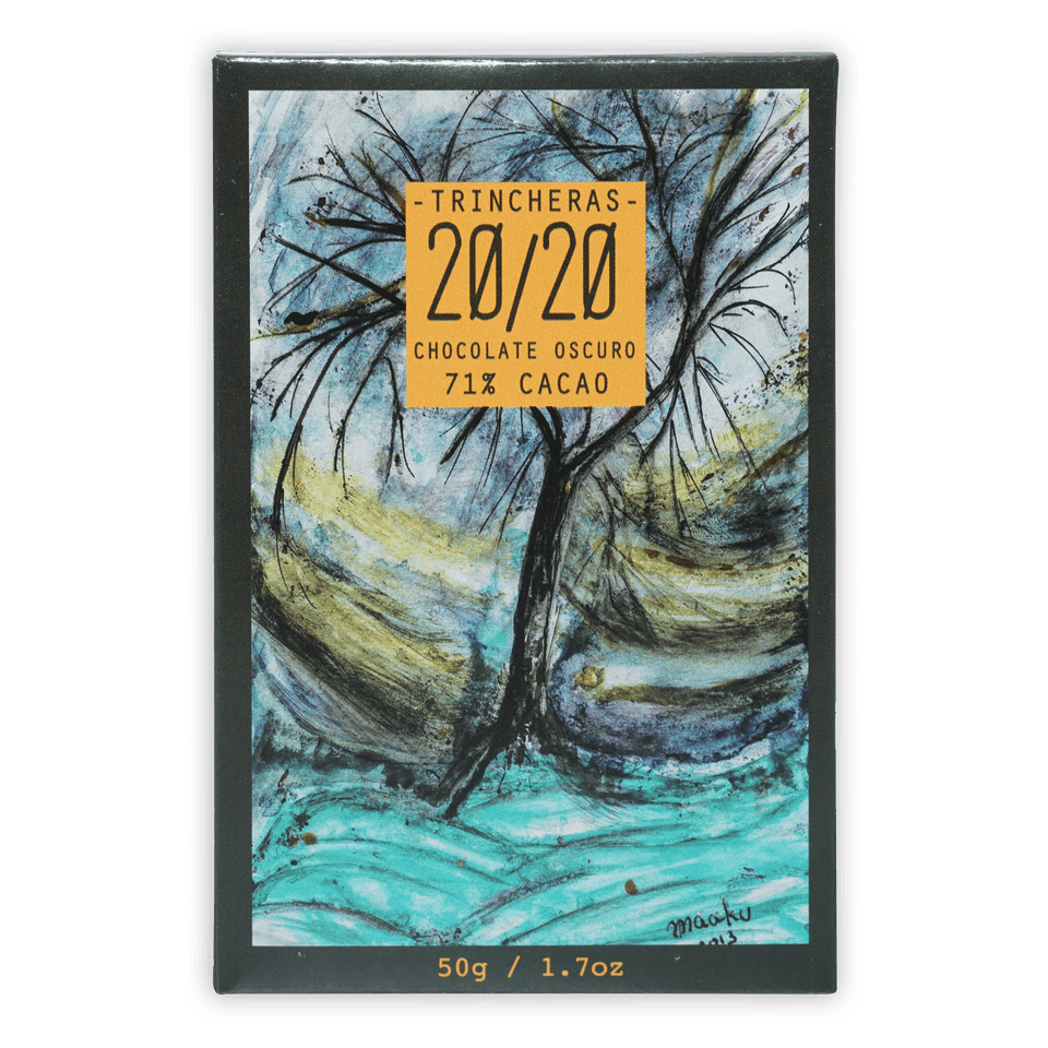 Trincheras 20/20 71% dark chocolate bar in rectangular box with abstract tree art