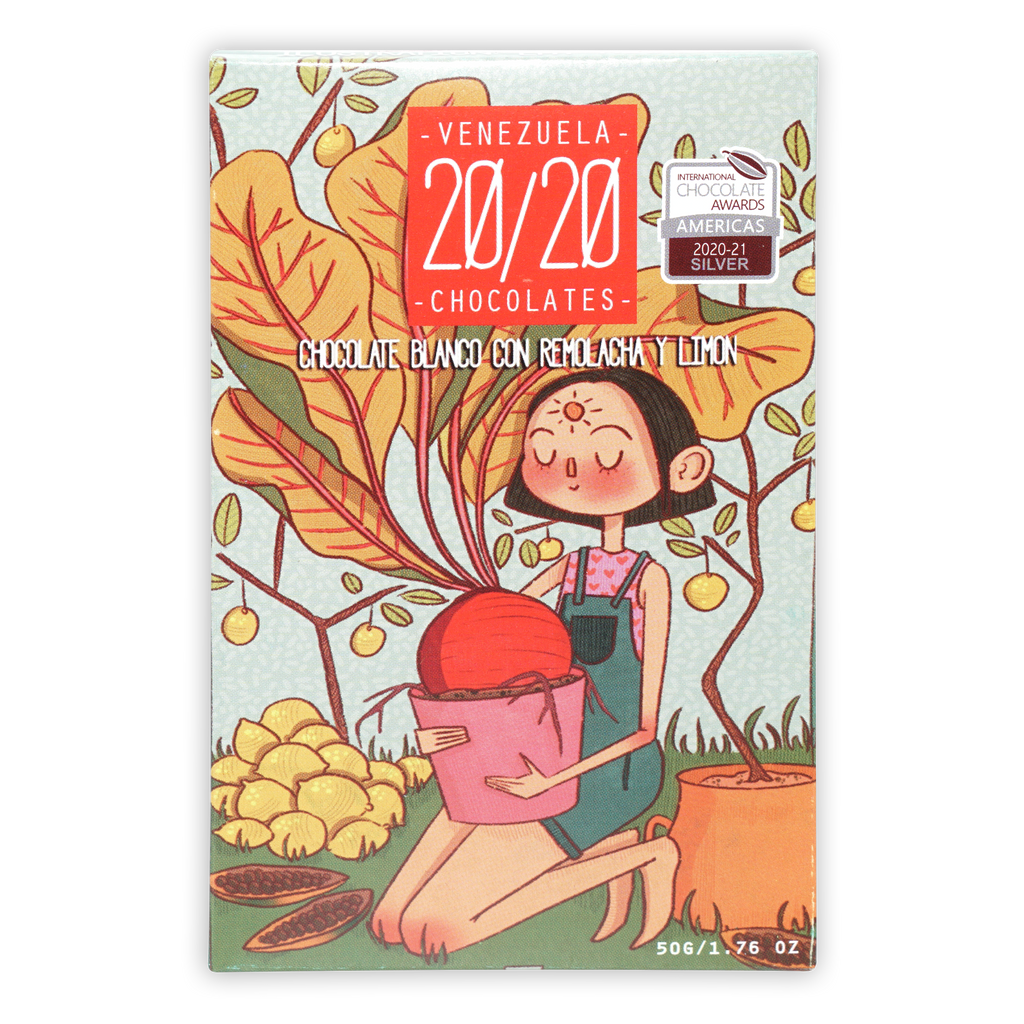 Venezuela 20/20 white chocolate bar with beetroot and lemon in colorful box