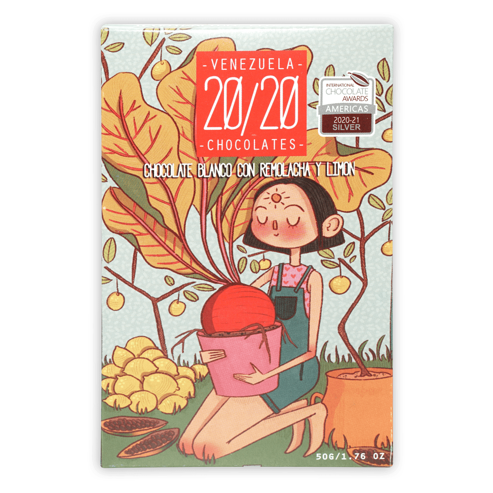 Venezuela 20/20 white chocolate bar with beetroot and lemon in colorful box