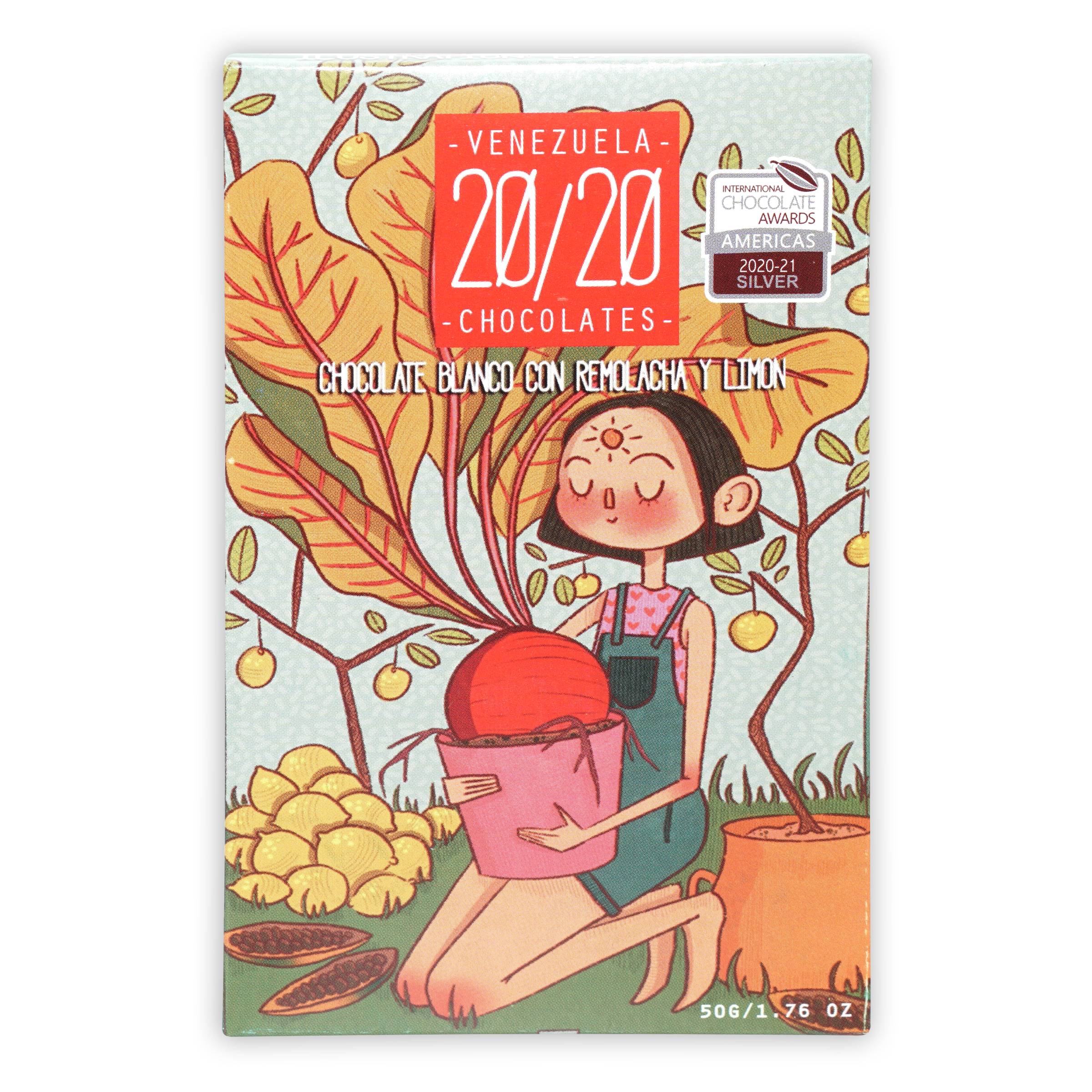 Venezuela 20/20 white chocolate bar with beetroot and lemon in colorful box
