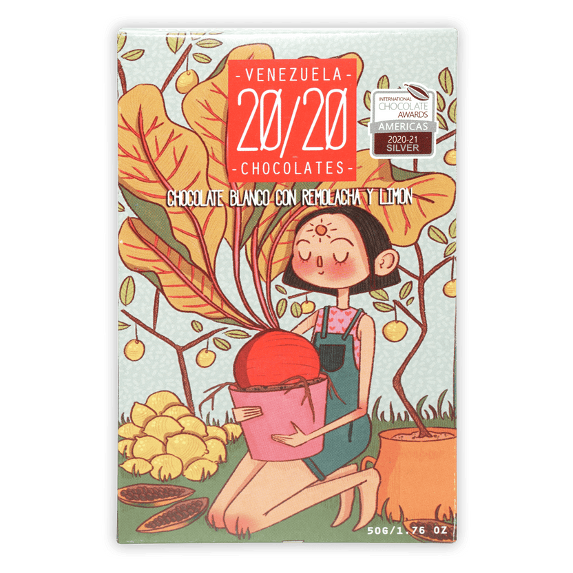 Venezuela 20/20 white chocolate bar with beetroot and lemon in colorful box