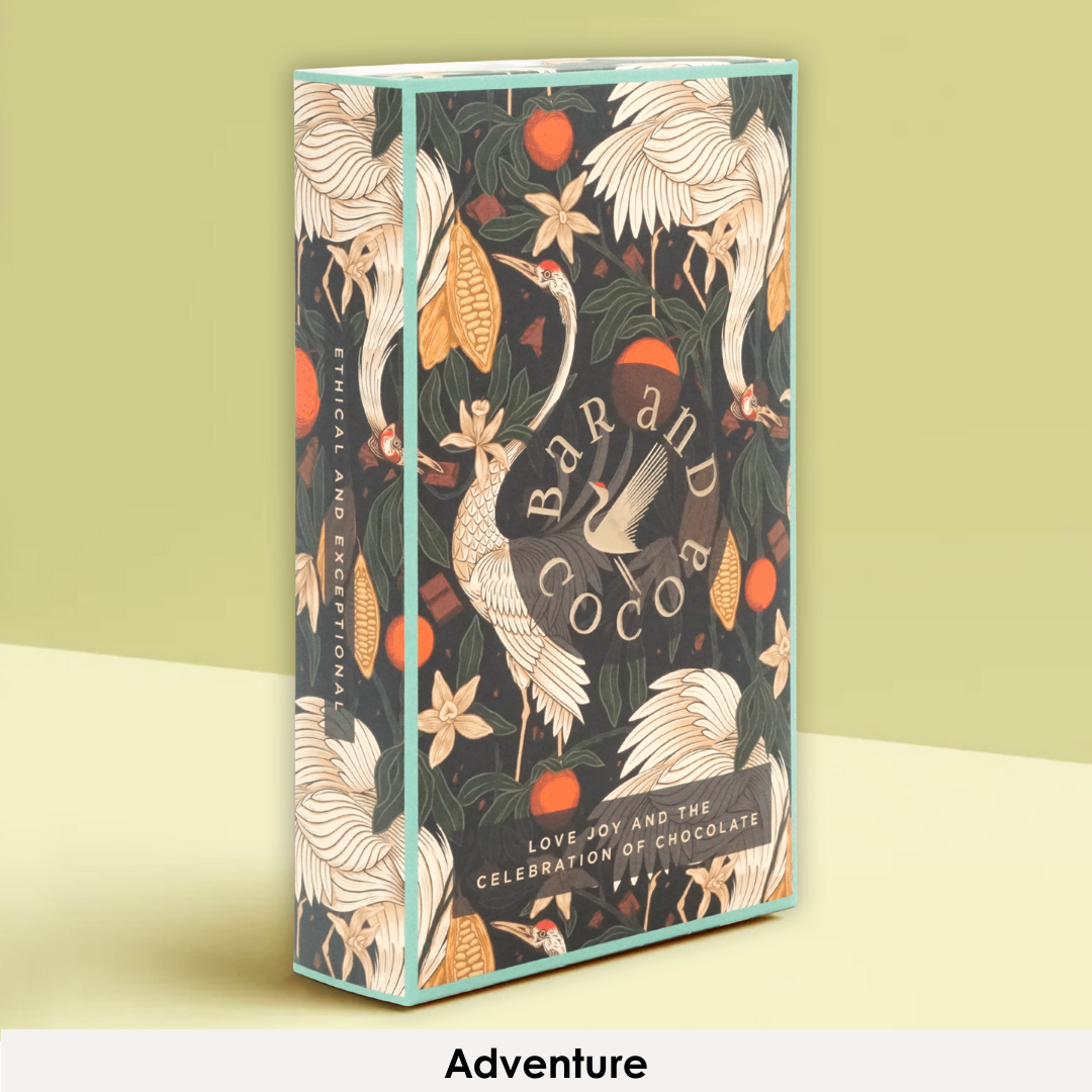 Discover Chocolate Club box with cranes, orange fruits, floral design