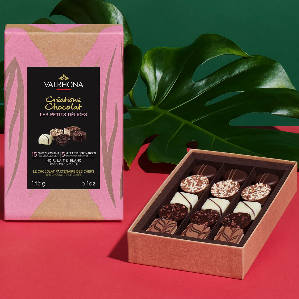 Valrhona 15-piece bonbon gift box with pink brown packaging and assorted chocolates