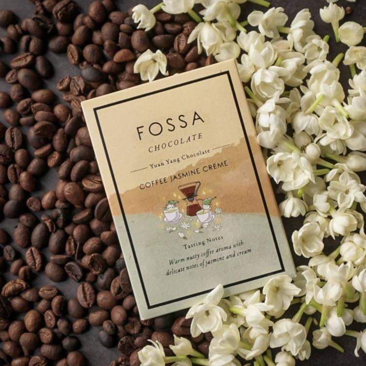 Fossa Dark Milk Chocolate Coffee Jasmine Creme bar in minimalist packaging