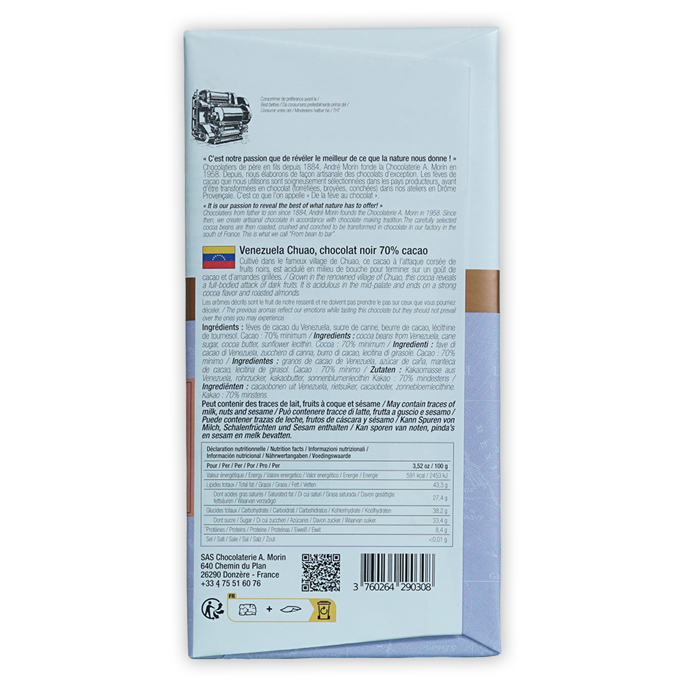 Back of A. Morin Venezuela Chuao 70% white wrapper with multilingual text