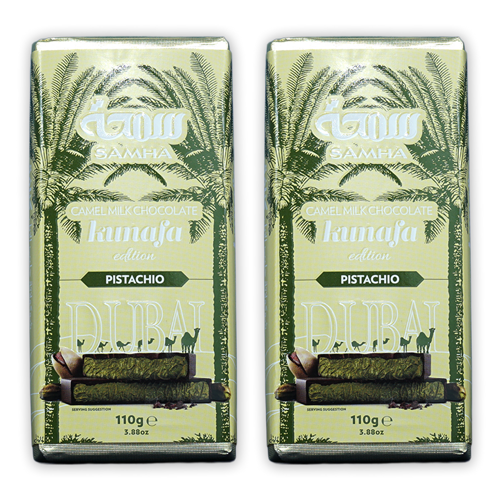 Two Samha Kunafa Pistachio camel milk chocolate bars, 110g each