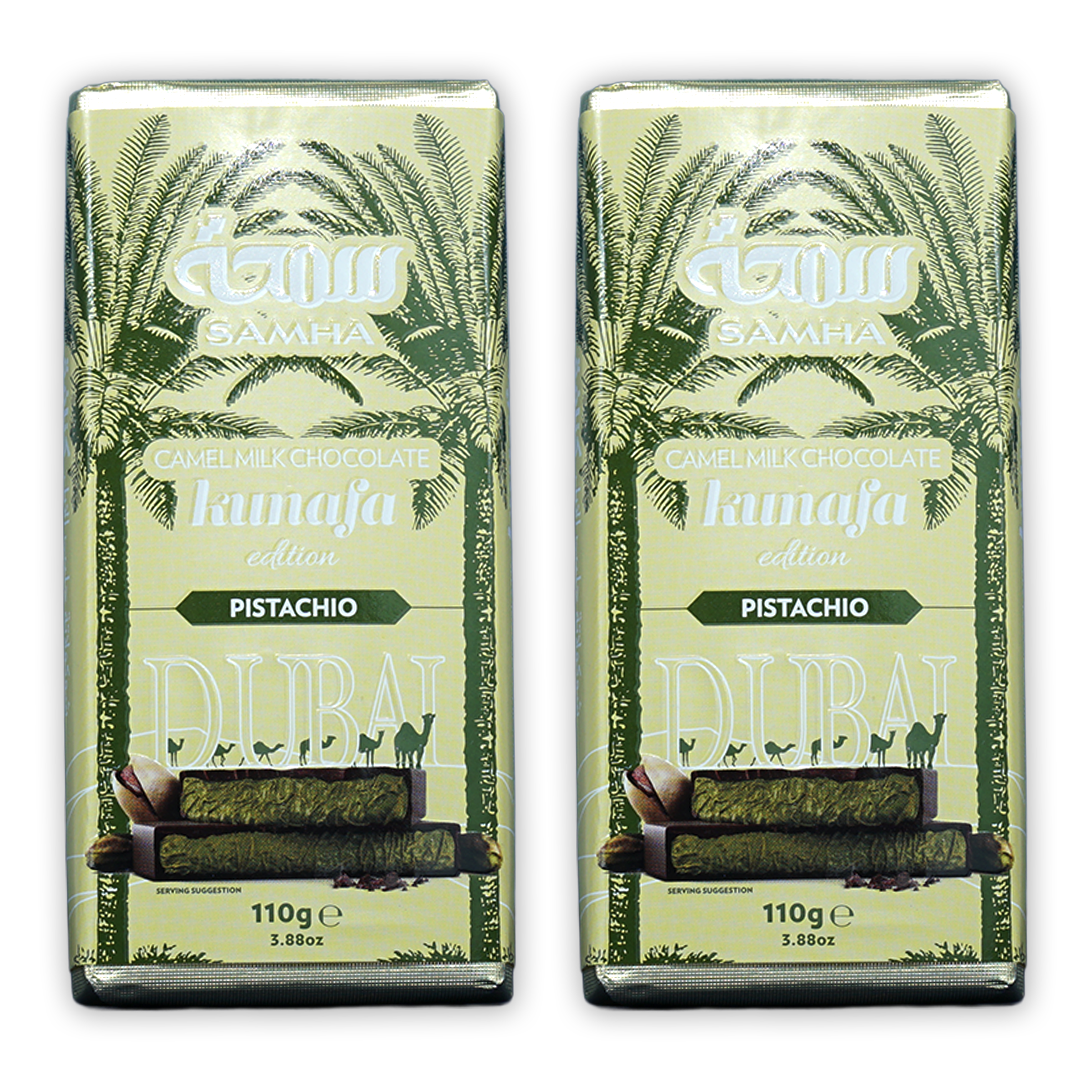 Two Samha Kunafa Pistachio camel milk chocolate bars, 110g each