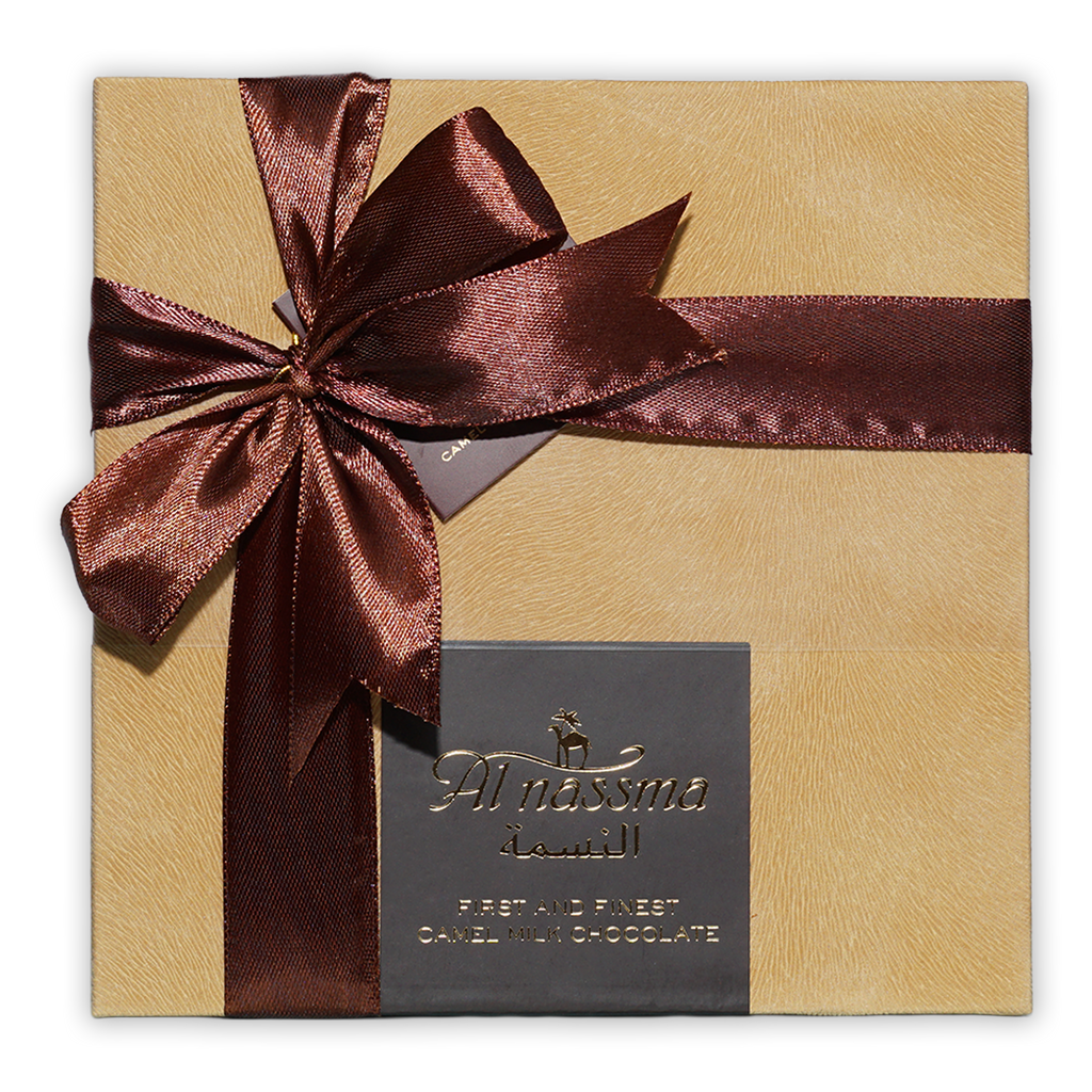 Al Nassma Camel Milk Praline Chocolate Gift Box with gold bow