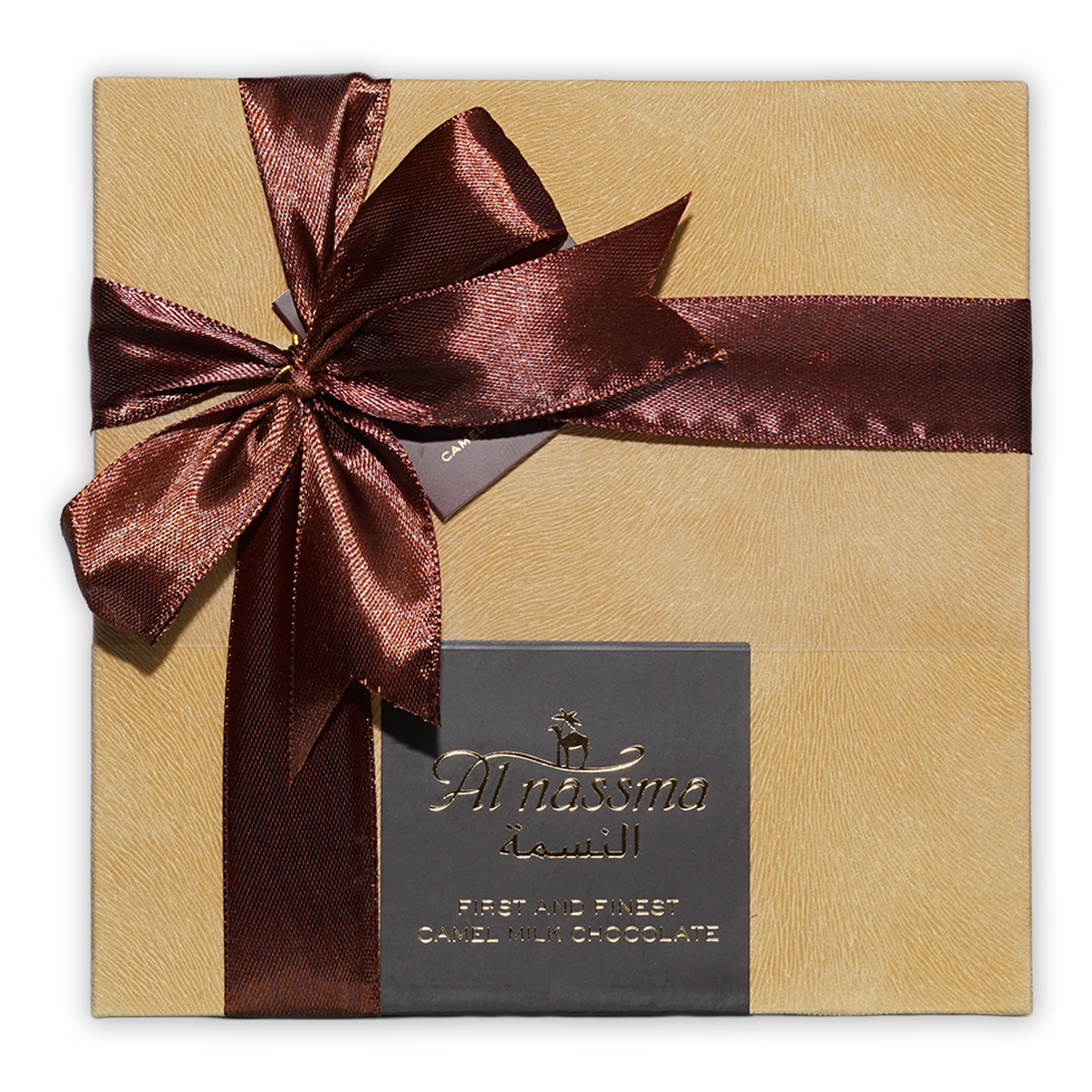 Al Nassma Camel Milk Praline Chocolate Gift Box with gold bow