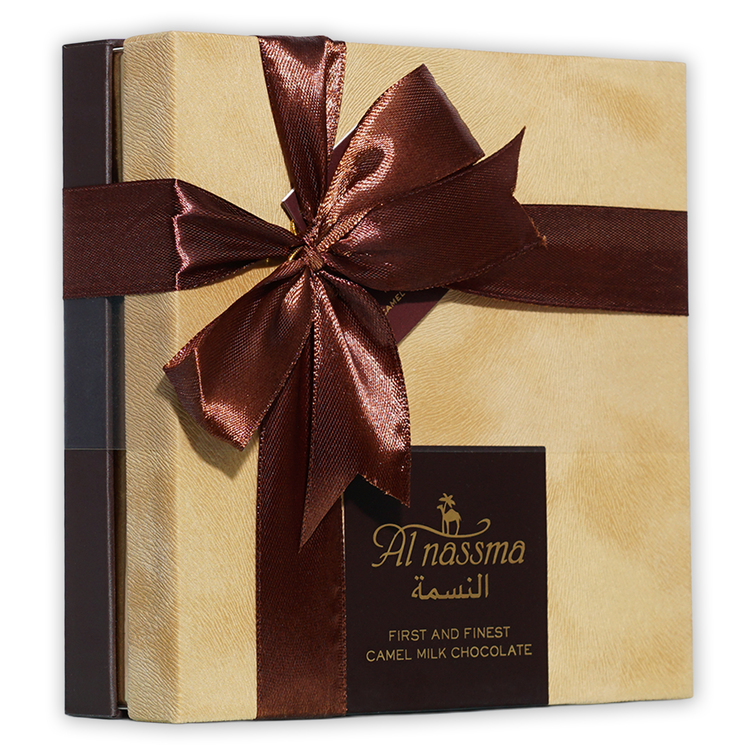 Al Nassma camel milk praline chocolate gift box, 18 pcs, gold with brown ribbon
