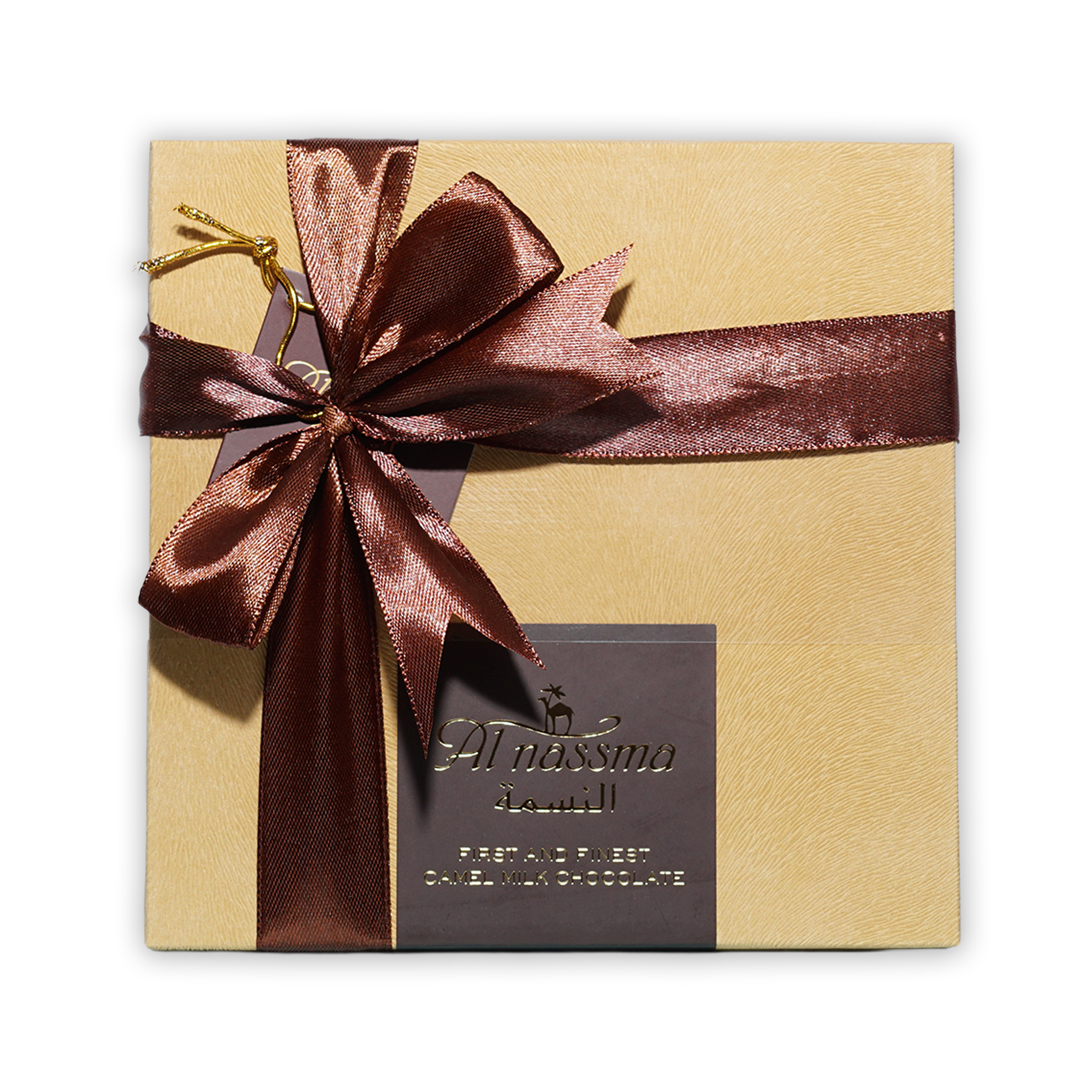 Al Nassma camel milk praline chocolate gift box 9 pcs gold with burgundy bow
