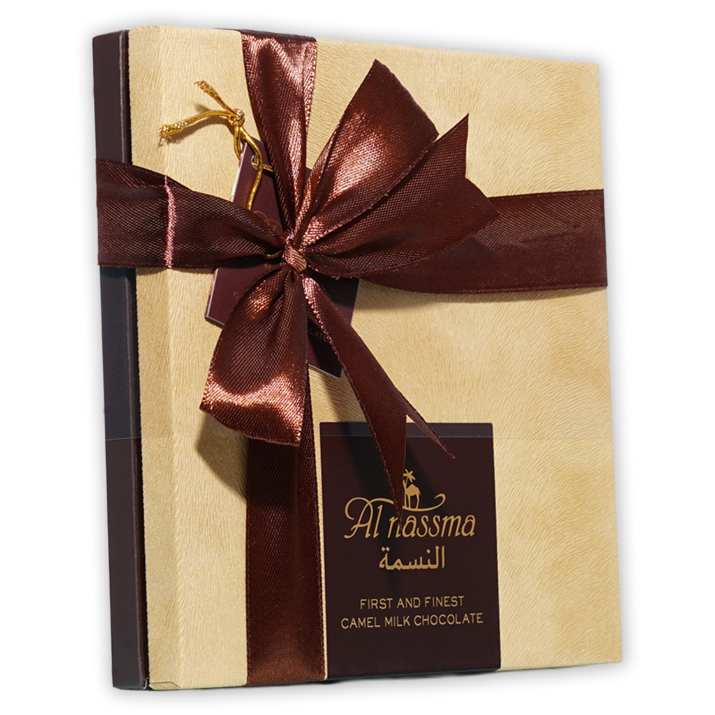 Al Nassma camel milk praline chocolate gift box with 9 pcs, beige textured with maroon bow