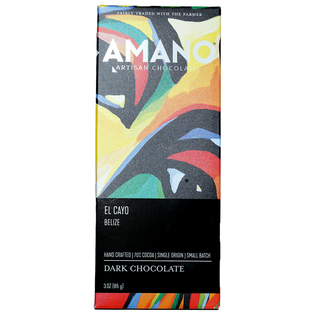 Amano Dark El Cayo Belize 70% artisan chocolate bar with vibrant abstract wrapper