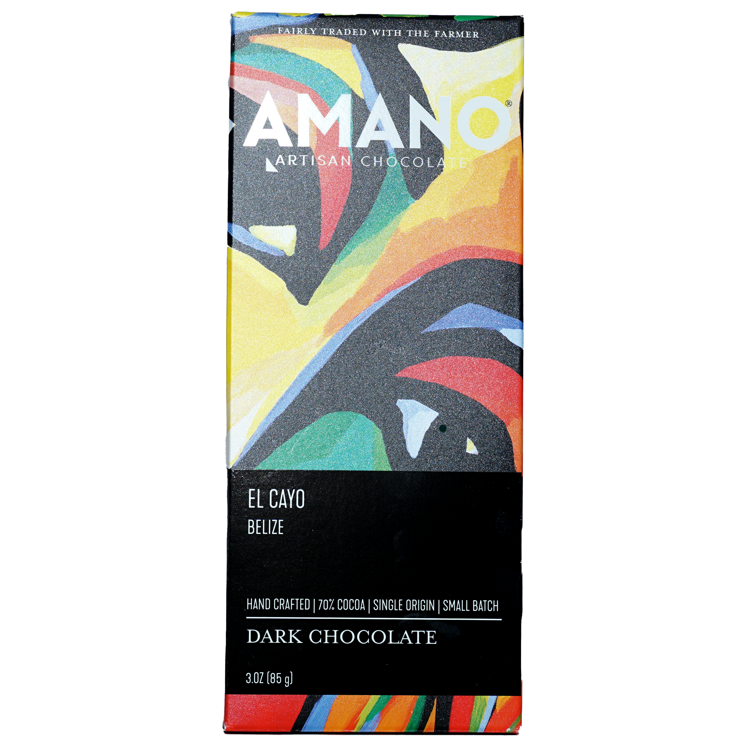 Amano Dark El Cayo Belize 70% artisan chocolate bar with vibrant abstract wrapper