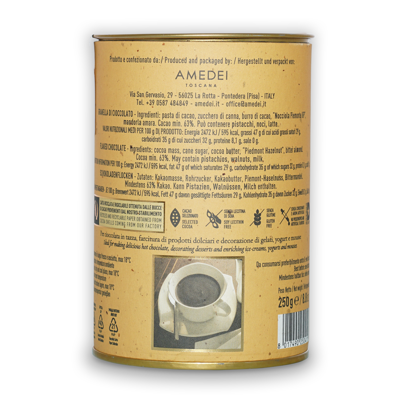 Amedei Toscana 62% hot chocolate flakes yellow tin with gold lid