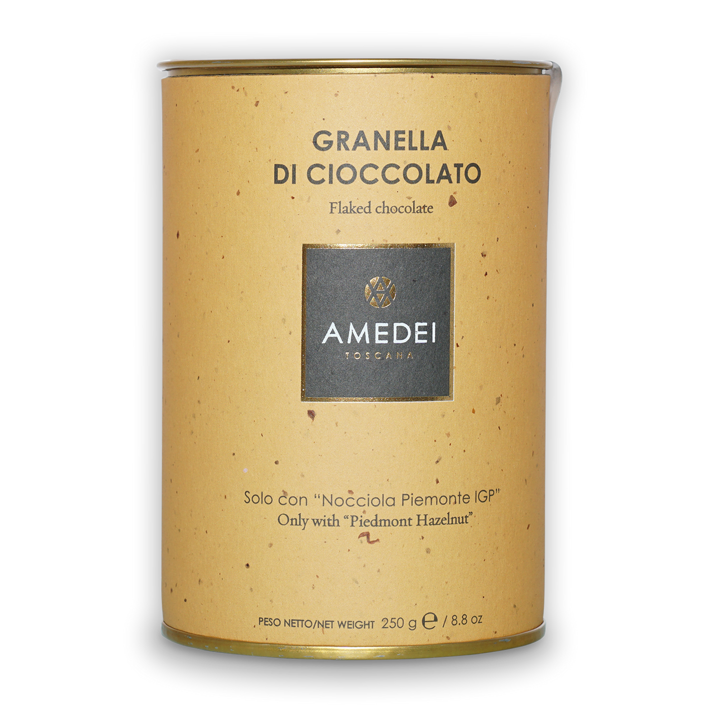 Amedei Toscana flaked chocolate tin, 62% hot chocolate flakes, speckled yellow exterior