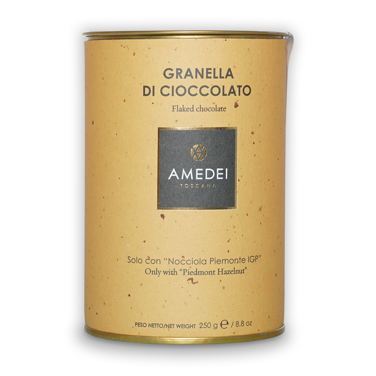 Amedei Toscana flaked chocolate tin, 62% hot chocolate flakes, speckled yellow exterior