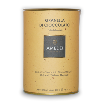 Amedei Toscana flaked chocolate tin, 62% hot chocolate flakes, speckled yellow exterior