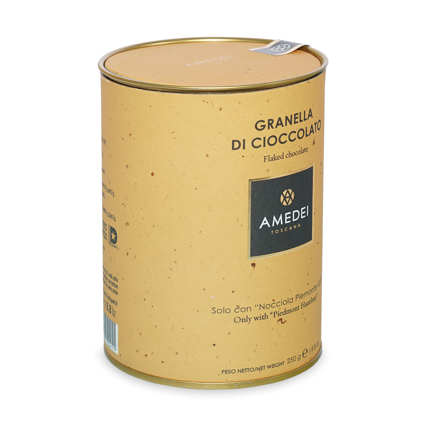 Amedei Toscana flaked chocolate golden tin with yellow speckled exterior