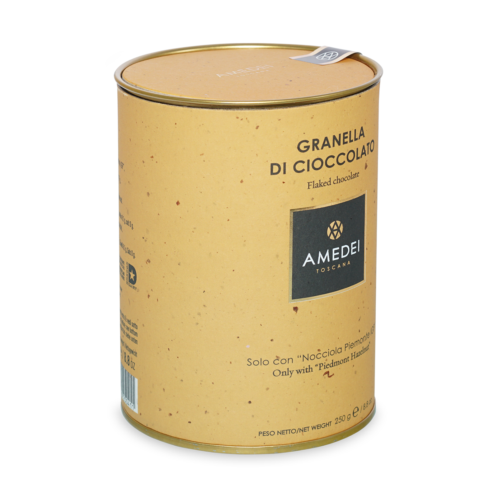 Amedei Toscana flaked chocolate golden tin with yellow speckled exterior
