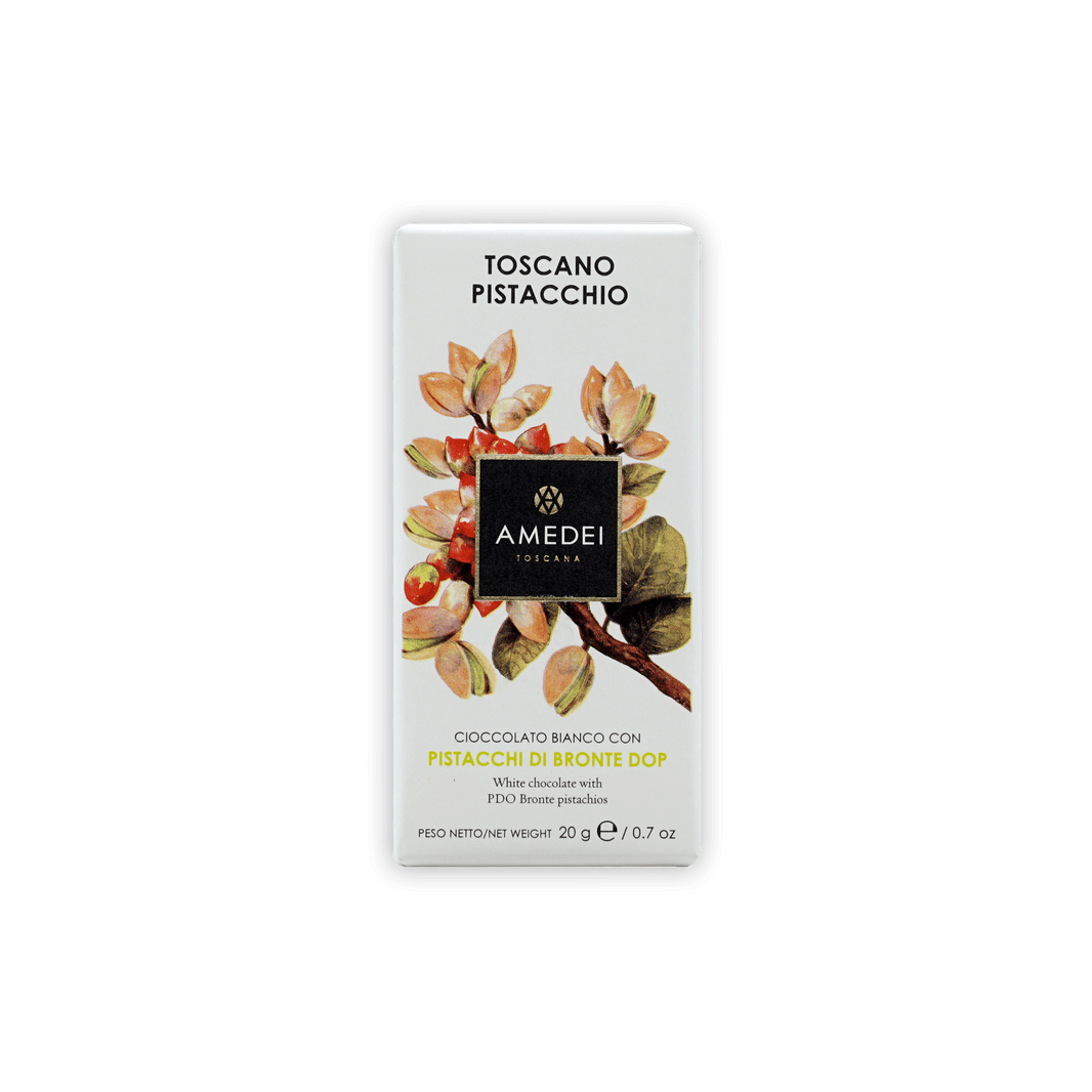 Amedei Mini Bars White w/ Pistachio 29% in elegant botanical wrapper