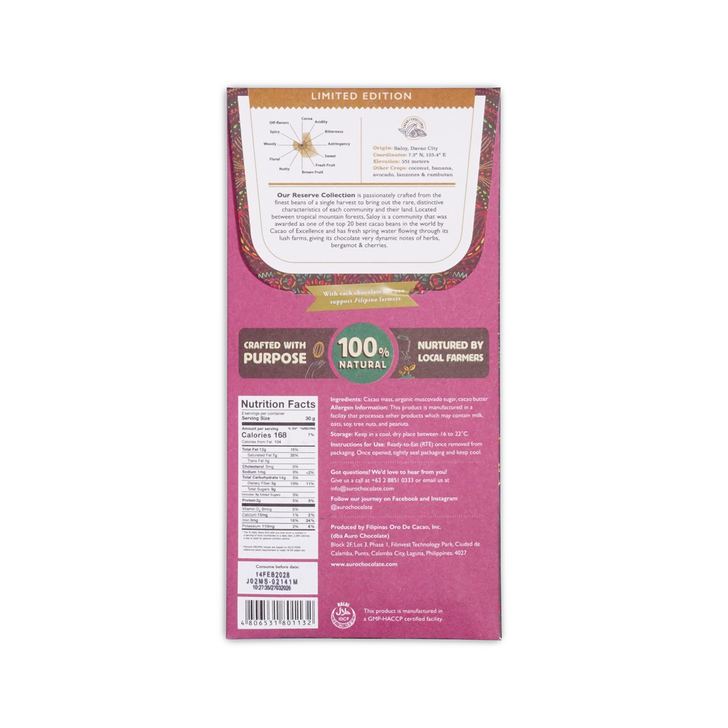 Back of the pink Auro Saloy wrapper with a flavor wheel, origin details, ingredients, and nutrition facts.