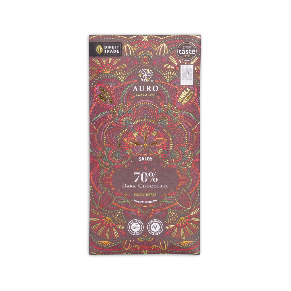 Auro Chocolate Saloy 70% bar in a dark wrapper with a dense red and gold folk art pattern, Philippine origin.