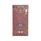 Auro Chocolate Saloy 70% bar in a dark wrapper with a dense red and gold folk art pattern, Philippine origin.